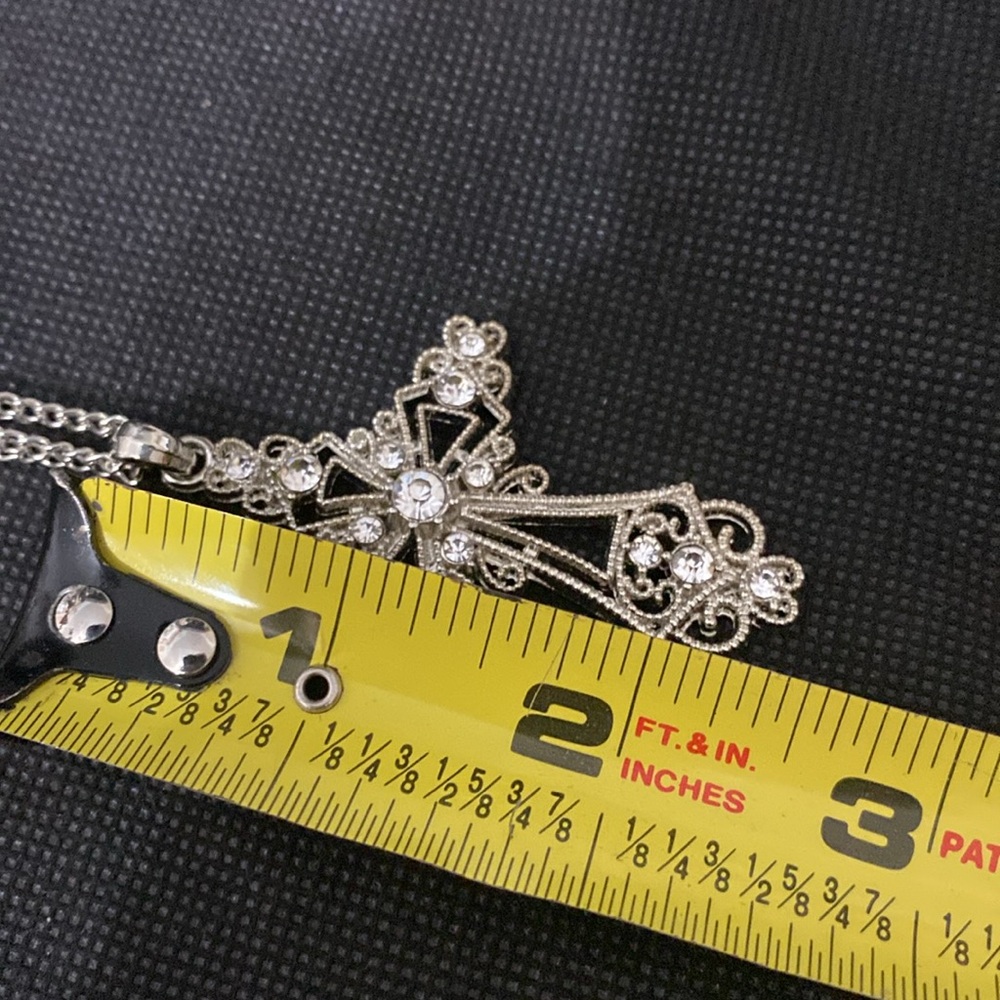 Vintage Silver Double necklace with Cross rhinestones pendant & Silver hoops - Picture 11 of 12